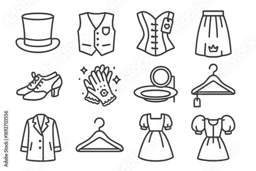 Vintage Clothing Icons. Line style icons of old clothes: top hat icon, waistcoat with badge, corset with label, long skirt with