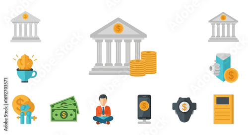A colorful flat design icon set representing banking, finance, money, and digital payments.