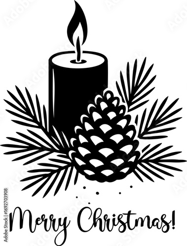 Vector illustration of burning Christmas candle with fir branch, pine cone, and festive lettering Merry Christmas, elegant holiday composition with copyspace for seasonal design