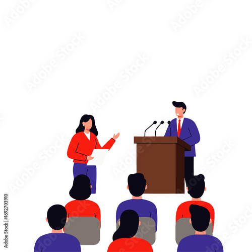 Illustration of a man giving a speech at a podium while a woman assists and an audience listens.