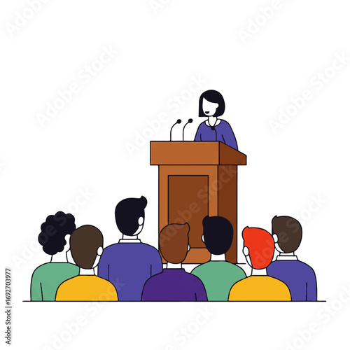 Illustration of a female speaker at a podium addressing an audience of diverse people.