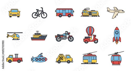 Colorful cartoon transportation icon set featuring land, air, and sea vehicles with bold black outlines.