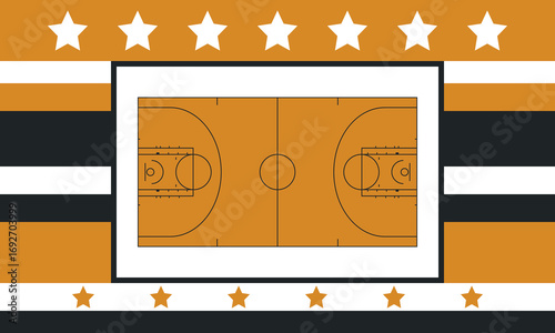 Basketball Court. Basketball design. Street sport art. Game Day. Basketball playoff. Final games. Team championship. Ball for Basketball. Sport creative poster. Modern graphic. Vector wallpaper