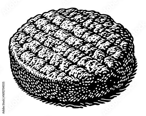 Round steak in vintage woodcut style, in black and white