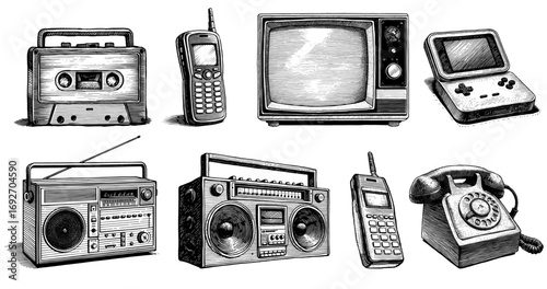 Collection of vintage electronics in black and white engraved style