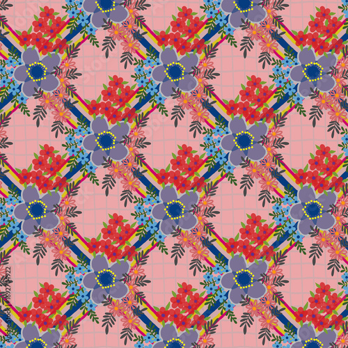 Abstract art deco nouveau seamless floral with blue line and pink background