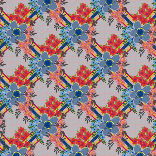 Abstract art deco nouveau seamless floral with blue line and gray background