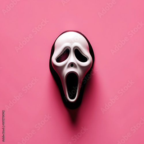 Iconic scream mask with open mouth on a vibrant pink background