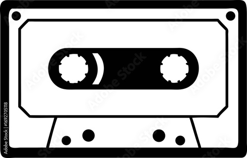 Minimalist black and white vector graphic of a retro audio cassette tape. A classic vintage icon representing analog music media