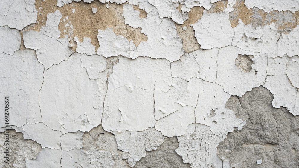 Naklejka premium Weathered wall featuring cracked and peeling paint in muted tones, showcasing age and texture in urban setting