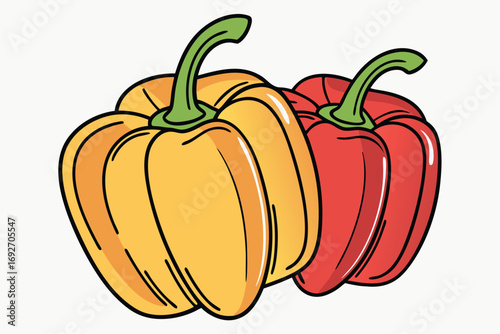 Two Cartoon Bell Peppers One Yellow One Red With Green Stems capsicum vegetable