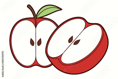 Two red apple halves with seeds and leaf on white background Keywords: apple, fruit, red, food, healthy
