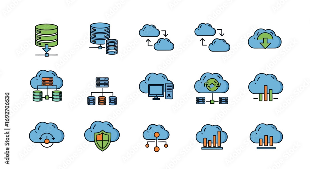 Obraz premium Colorful filled-outline icon set for cloud computing, database storage, and server networking.
