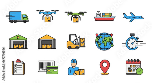 Colorful Logistics and Delivery Icons Set - Transport, Warehouse, Tracking, and Shipping Symbols.