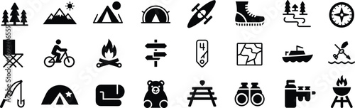 Camping and outdoor activity icons including forest, mountains, tents, kayak, hiking boots, bicycle, campfire, map, fishing, picnic, and binoculars.