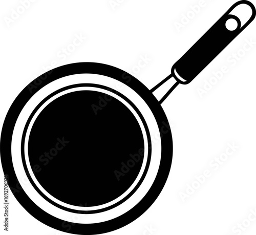 Black and white illustration of a frying pan, a kitchen utensil used for cooking food on a stove top or open flame for culinary tasks and recipes