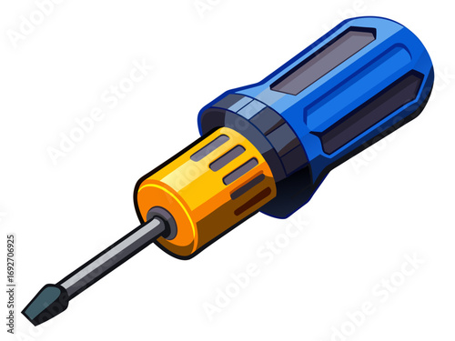 A high-quality vector illustration of a screwdriver with blue plastic handle, isolated on a white background