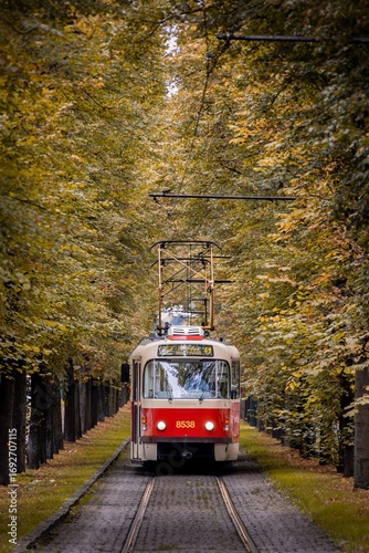 Photography Vintage tram in autumn Prague street.