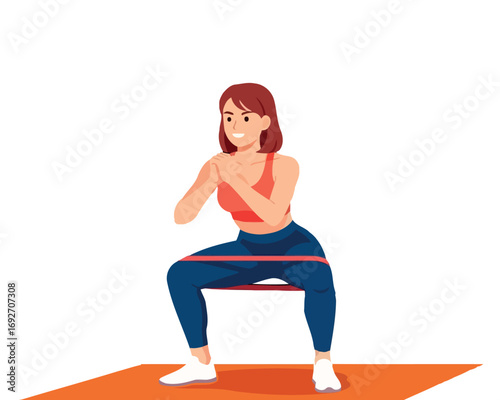 Vector illustration of woman doing squats with resistance band