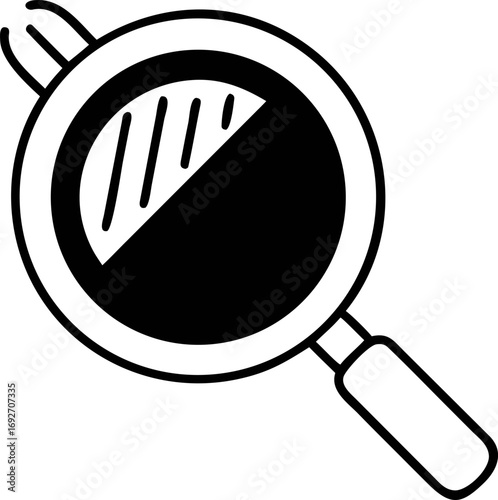 Simple black and white line art of a magnifying glass analyzing data, a minimalist icon for technology, artificial intelligence research, and discovery