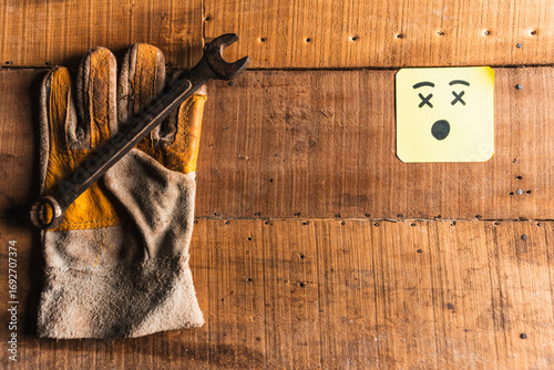 Leather work gloves holding a rusty wrench over a rustic wooden work table with a face drawn on it