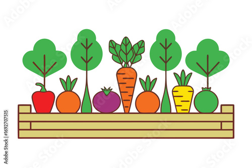 Wooden crate filled with colorful cartoon vegetables and trees garden harvest