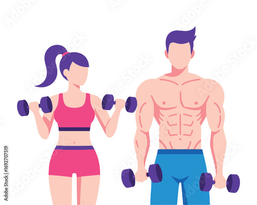 Vector illustration of man and woman lifting dumbbells together