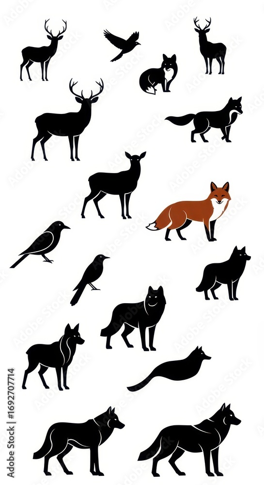 Fototapeta premium Black silhouette illustrations of various forest animals, including deer, foxes, wolves, and birds, against a plain white background.