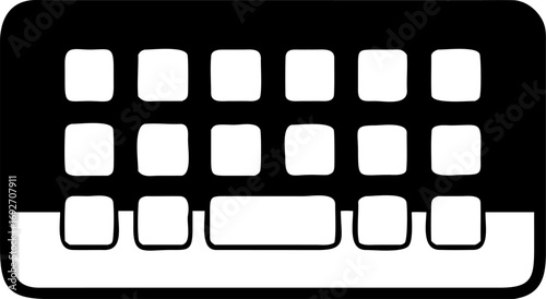 Minimalist black and white vector illustration of a generic computer keyboard layout, representing digital input and modern technology, ideal for interface design concepts