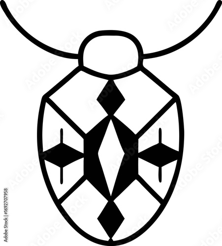 Minimalist geometric beetle insect amulet pendant symbol line art illustration in black and white, perfect for modern design and abstract motifs