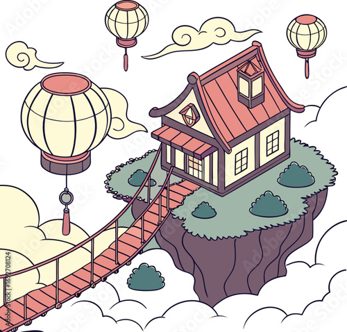 Dreamy floating island house with lanterns and a sky bridge in an isometric fantasy scene