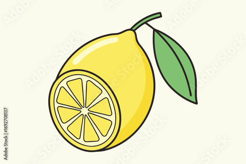 Yellow lemon with a slice and a green leaf on a light yellow background fruit citrus