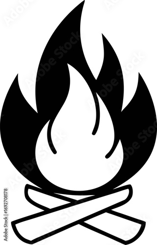 Simple black and white vector illustration of a cozy campfire with burning logs and vibrant flames, symbolizing warmth, outdoor adventures, and relaxing evenings under the stars
