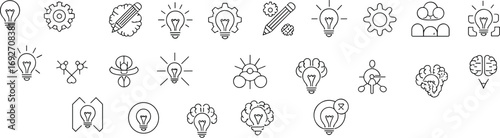 Creativity and idea icon set with light bulbs, innovation, brainstorming, problem-solving, thinking, gears, teamwork, mind mapping, and invention