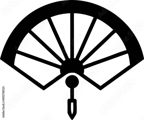 Monochrome vector illustration of a traditional Japanese Kamon family crest, a design of a folding fan with wheel spokes
