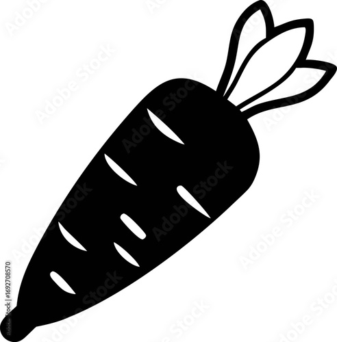 Simple black and white illustration of a fresh carrot with leafy green tops, a healthy root vegetable, perfect for culinary and design projects