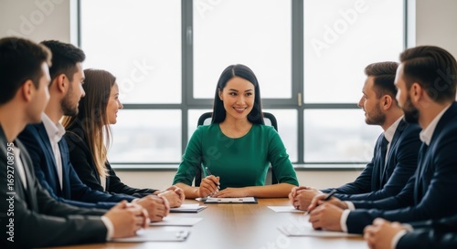 A group of business professionals in a meeting room, discussing a project.