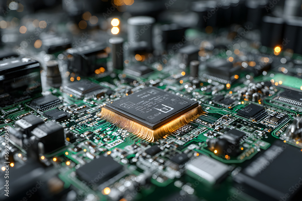 Obraz premium Circuit board with selective focus, computer chip, ad security technology. Genrative AI