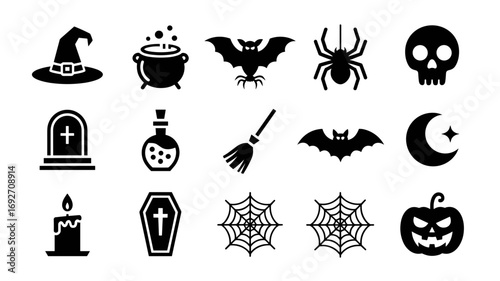 Halloween vector icons set spooky elements witch bat pumpkin spider skull tombstone candle and more icons