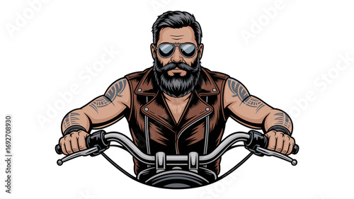 A cool biker with a beard and sunglasses riding a motorcycle. Vector illustration, graphic design.