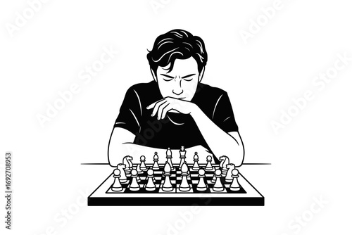 A vector illustration of a man deeply concentrated while playing a game of chess, demonstrating strategic thinking and intellectual competition.