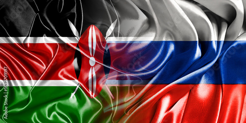The national flags of Russia and Kenya are combined into one and placed side by side on a fluttering cotton background. Flags.