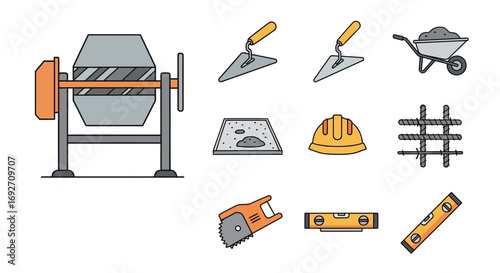Colorful line art icon set of construction equipment and masonry tools, including a cement mixer and hard hat.