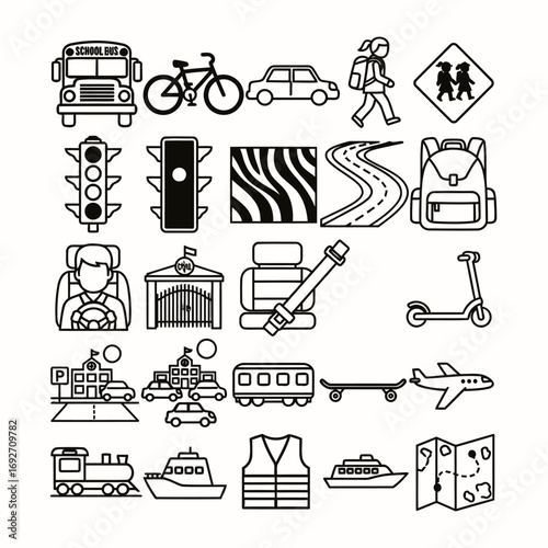 Extensive linear icon set representing transportation modes, road safety, and travel essentials, ideal for illustrating urban mobility, journey planning, and secure commutes