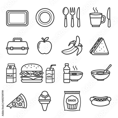 Set of stylized icons representing a variety of food and drink items, ideal for menus, recipes, and culinary themes