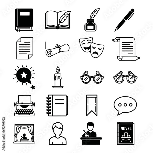 Literary and Creative Writing Icons Set - A Collection of Symbols Representing Books, Writing Tools, and Theatrical Arts