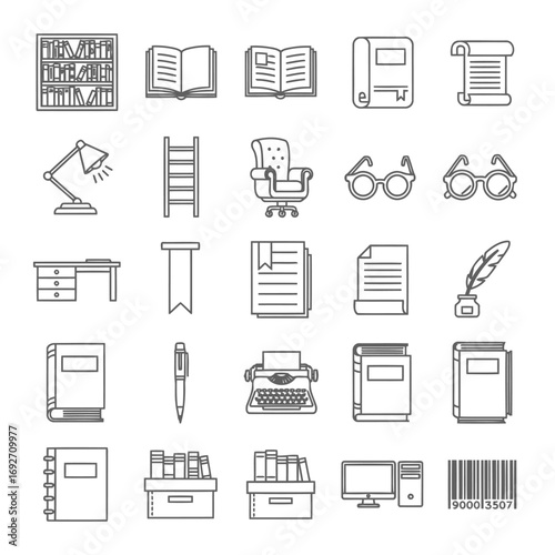 Collection of icons related to books, reading, writing, and office supplies, presented in a clean, minimalist line art style