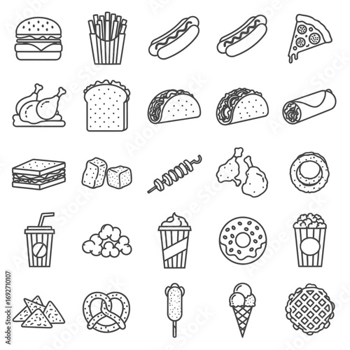 Assorted Outlined Food Icons Burgers, Fries, Pizza & More