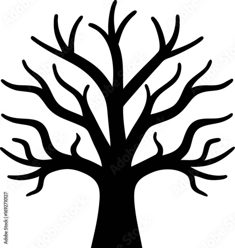 Silhouette of a bare tree against a white background, perfect for design elements, autumn, nature, and artistic projects
