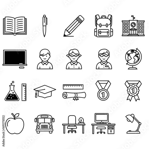 Versatile collection of black and white line art icons depicting various aspects of education, including school essentials, student life, academic tools, and graduation symbols